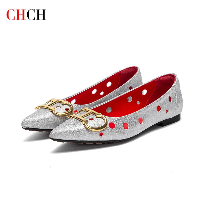 CHCH Women's Flat Shoes 2025 New Punching Design Pointed Women's Shoes Simple Anti slip