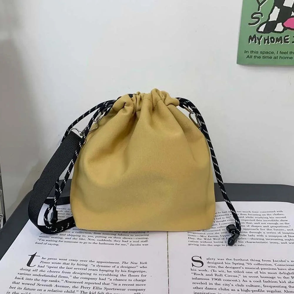 INS Nylon Drawstring Bucket Bag Casual Adjustable Korean Style Shoulder Bag Portable Black/White/Yellow Men Crossbody Bag Travel