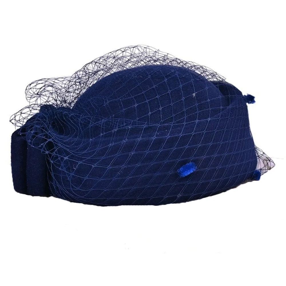 Sweet Mesh Wool Bow Hat with Veil Solid Color British Style Stewardess Cap Photography Decoration Woolen Pillbox Hat Headwear