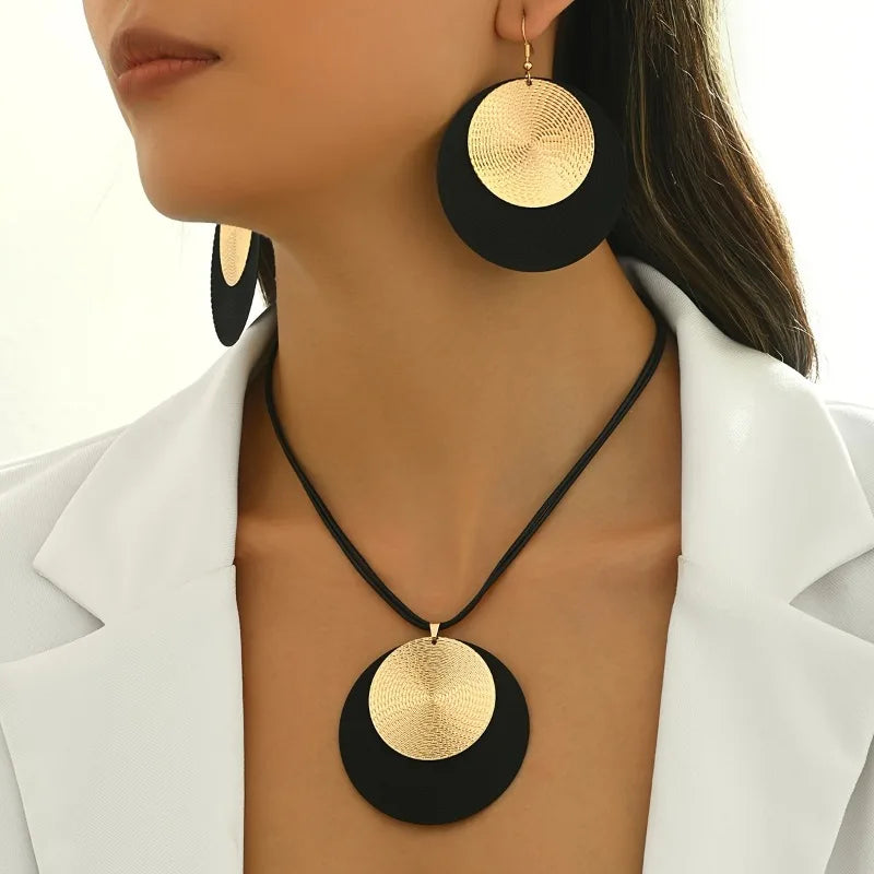 European and American Hip-hop Retro Circle Pendant Necklace Earrings Women Fashion Elegant Exaggerated Party Jewelry Gift