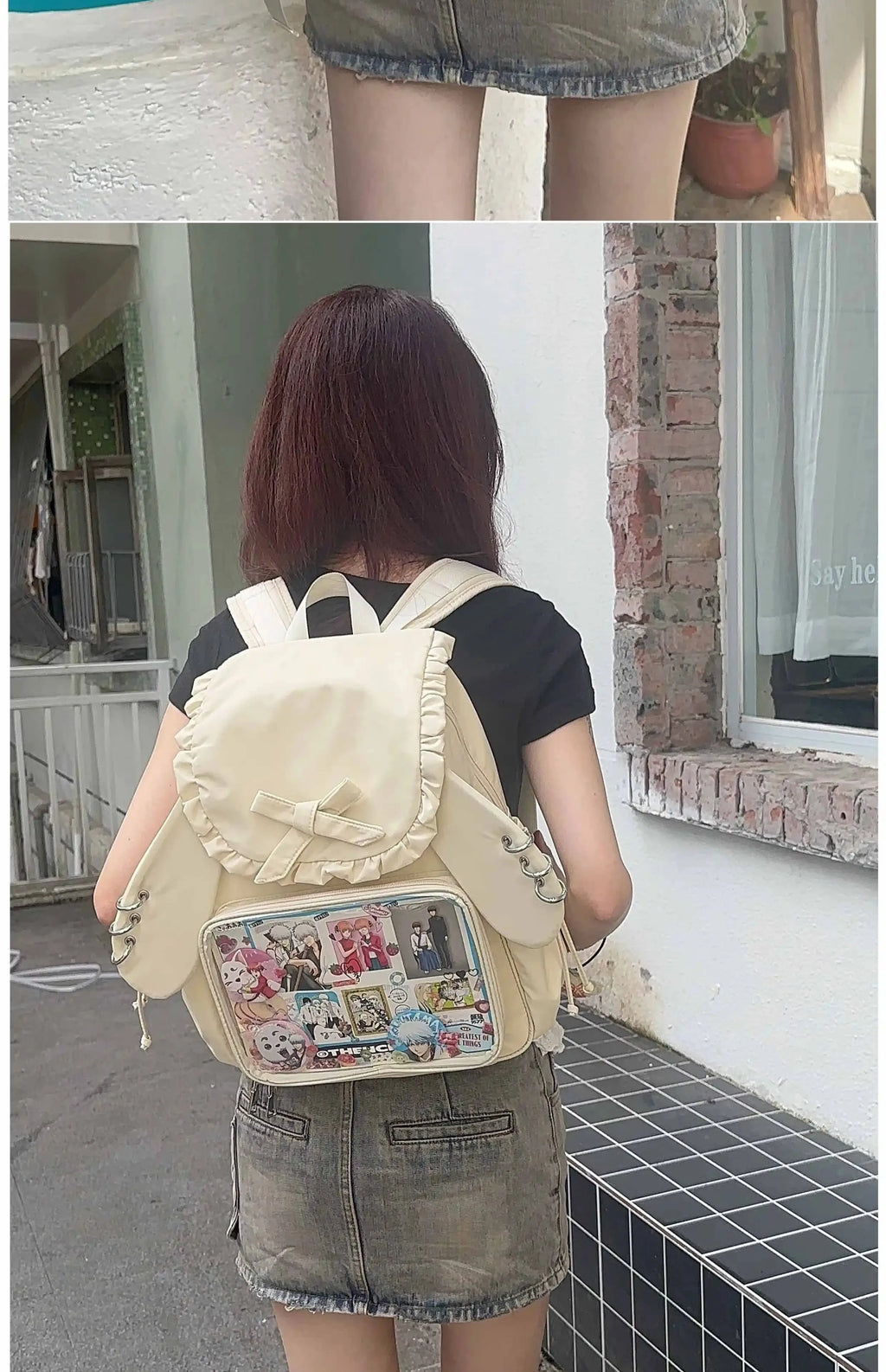 Original Two-dimensional Cute Transparent Large-capacity Backpack Women Sweet Bow Rabbit Ears Bags Preppy Style Kawaii Backpacks