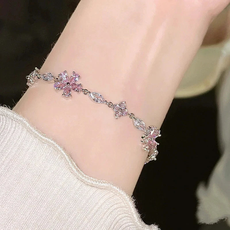 Y2K Sweet Pink Crystal Bracelet for Women Bling Zircon Elegent Blossom Flowers Bracelet Wedding Party Jewelry Gifts