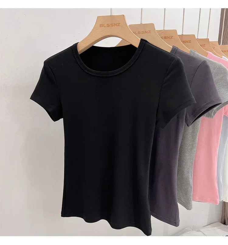 AOSSVIAO 2026 Summer White Cotton O Neck T-shirt Student Short Sleeve Versatile Tops Solid Slim Fit T Shirts Y2k Tee