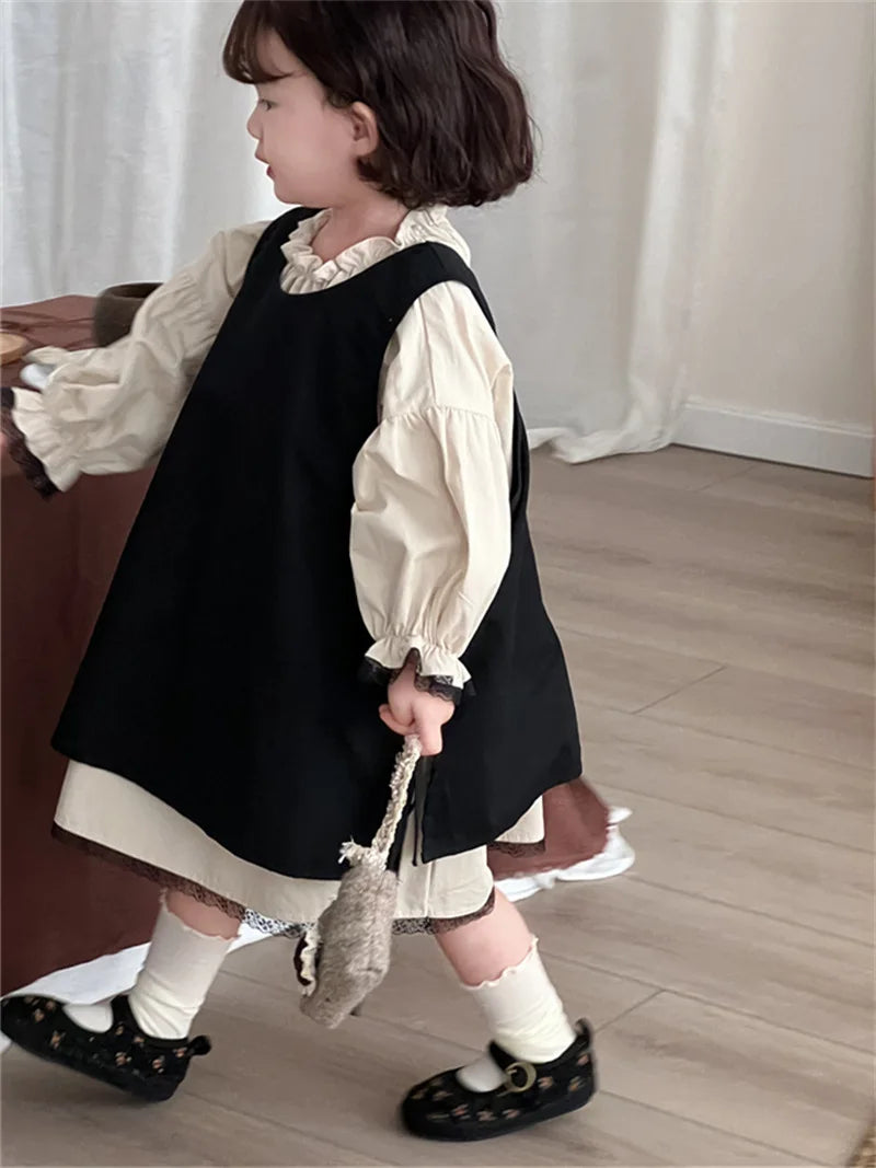 4768 Children Dress Set Spring Autumn New Retro Girl's Dress Lace Skirt 2-piece Set