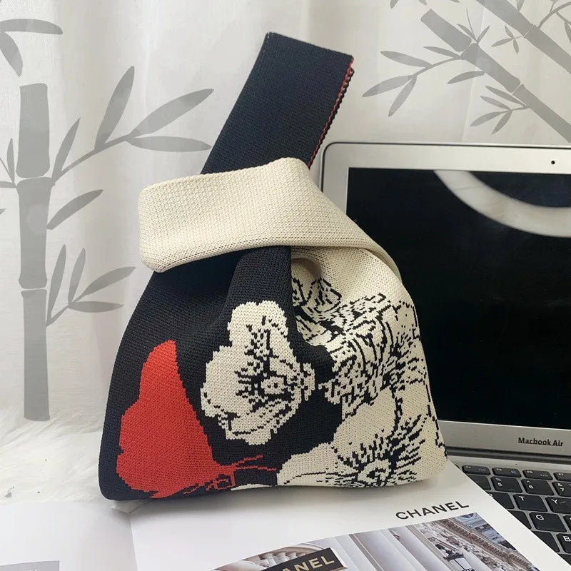Women'S Knot Wrist Bag Tote Handmade Knitted Bag Portable Mini Striped  Bucket Phone Bags Large Capacity Autumn Winter Handbags