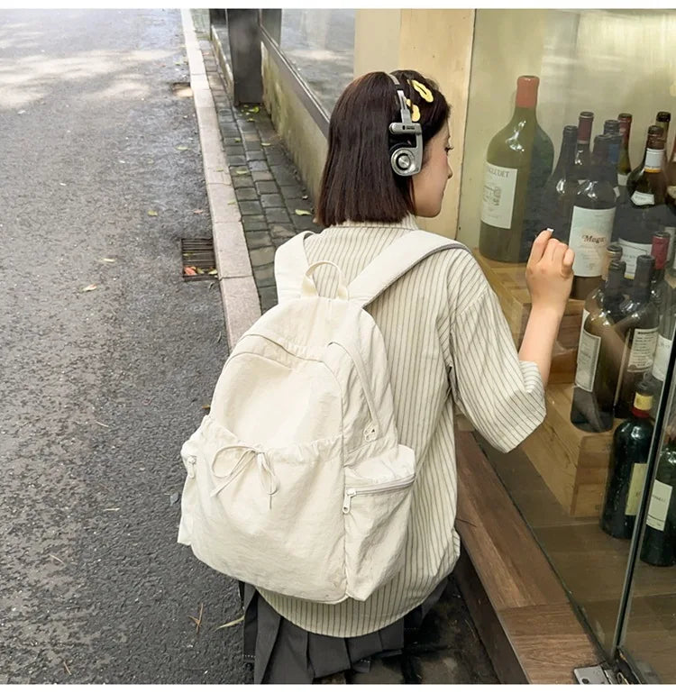 Japanese Style Student Backpack Solid Color Bow Travel School Bag Lightweight and Fashionable Women's Backpack New Simple Casual