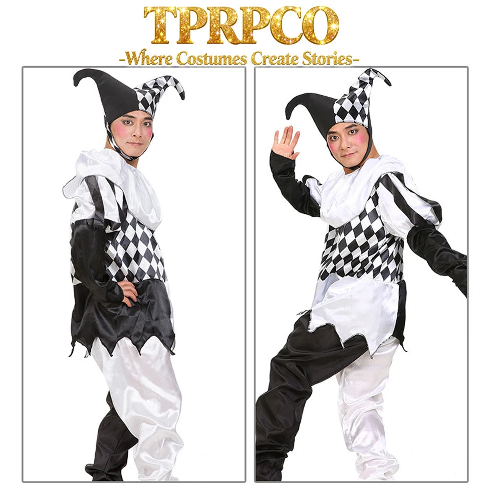Halloween Carnival Costumes Funny Fun Cosplay Black and White Splicing Clown Costume with Hat for Man Women Innovative Set