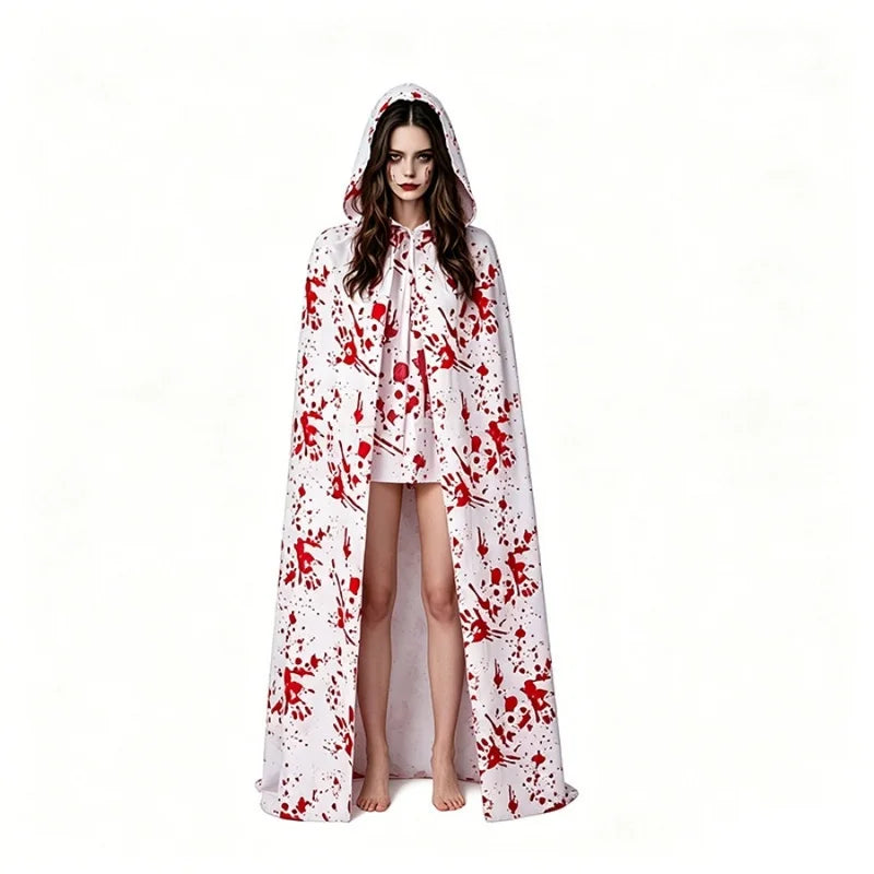 Halloween Blood Splatter Hooded Cloak Black White Blood Handprint Cape Horror Cosplay Costume Ghost Vampire Robe Party Outfit
