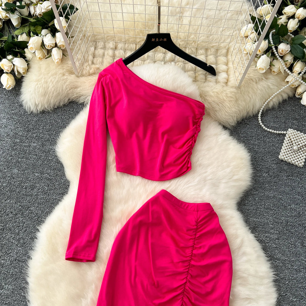 Chic Two-piece Sets One Shoulder Long Sleeve Diagonal Collar Blouse Basics High Waist Split Skirt High Street Vintage Clothing