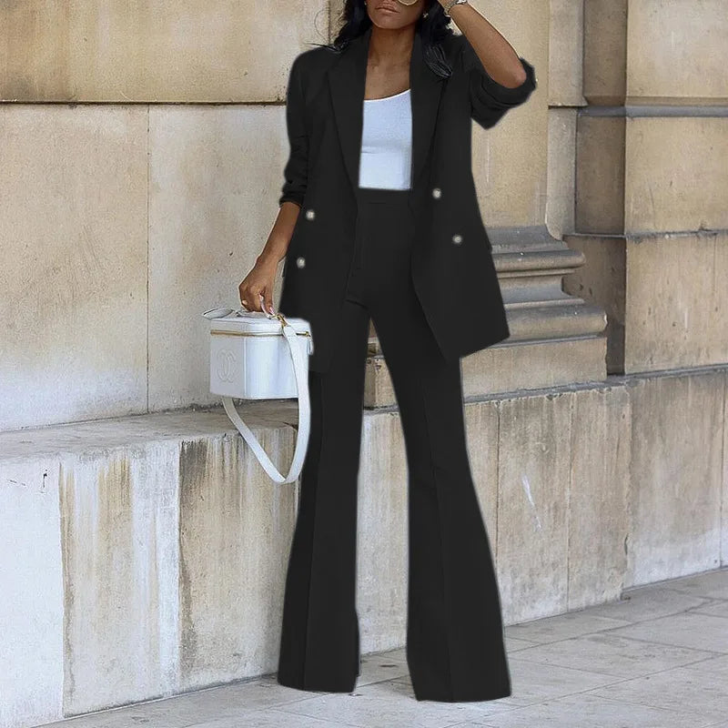Fashion Wide-leg Trousers Women Blazer Set Autumn Winter Double-breasted Long Suit Coat Trousers Female Suit Office 2-piece Set
