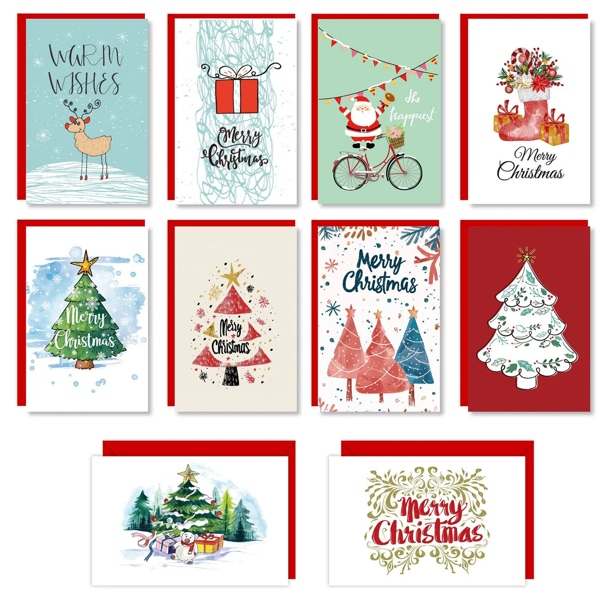 10pcs/1set Merry Christmas Fold Greeting Cards With Envelopes Navidad New Year Postcard Diy Gift Card Xmas Party Decoration