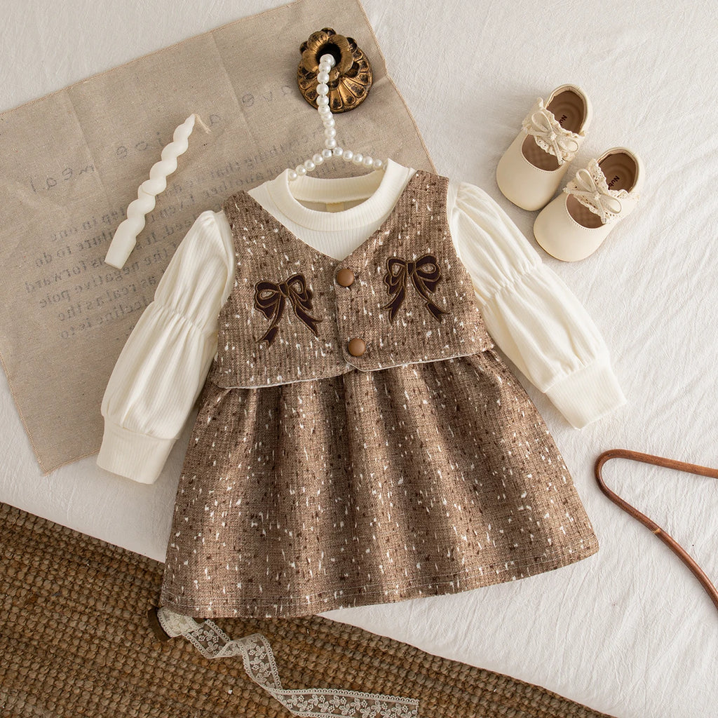 Autumn New Fake Two Piece Long Sleeved Baby Girl Dress, Sweet Bow Children'S Clothing Suitable For Babies Aged 0-3 Years