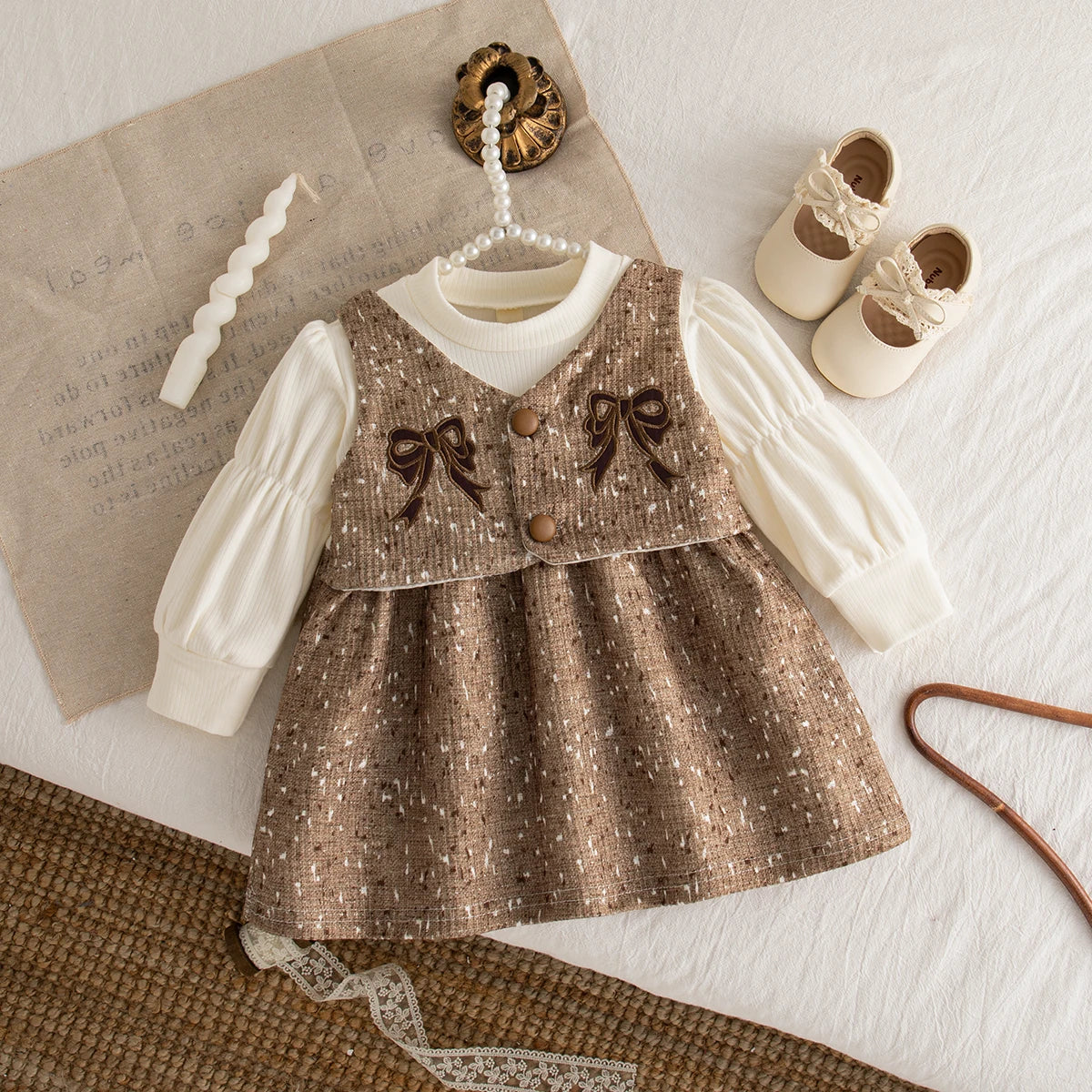 Autumn New Fake Two Piece Long Sleeved Baby Girl Dress, Sweet Bow Children'S Clothing Suitable For Babies Aged 0-3 Years