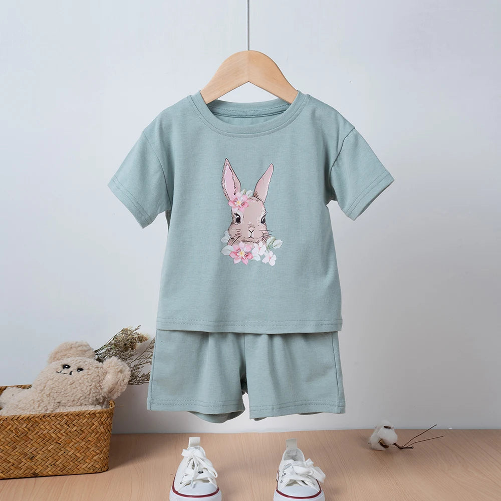Hot Selling Children's Printed Summer Set Cute Rabbit Baby Boy And Girl Summer Clothing Children's Pure Cotton T-shirt Set