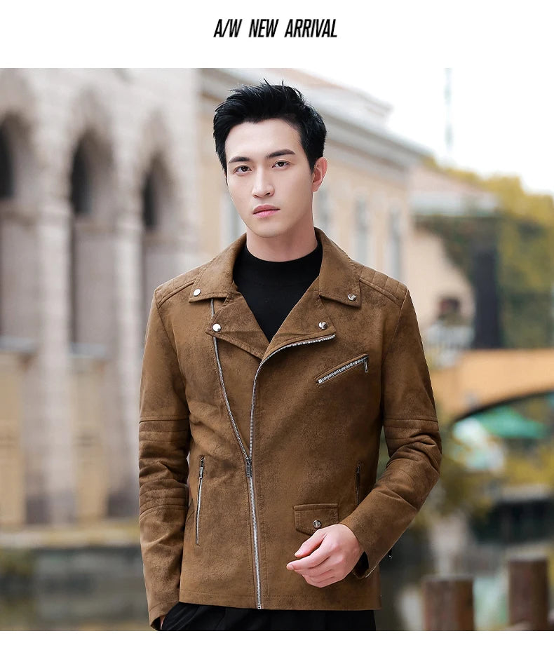 Men's Streetwear Vintage Motorcycle Coat Stand Collar Brown Leather Jacket Motorcycle PU Faux Leather Coat Winter Outwear Mens