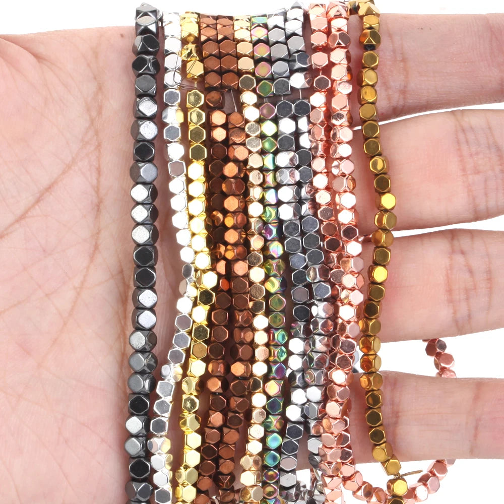 2/3/4mm Faceted Square Cube Plated KC Golds Colorful Hematite Natural Stone Spacer Loose Beads For Jewelry Making Diy Bracelet