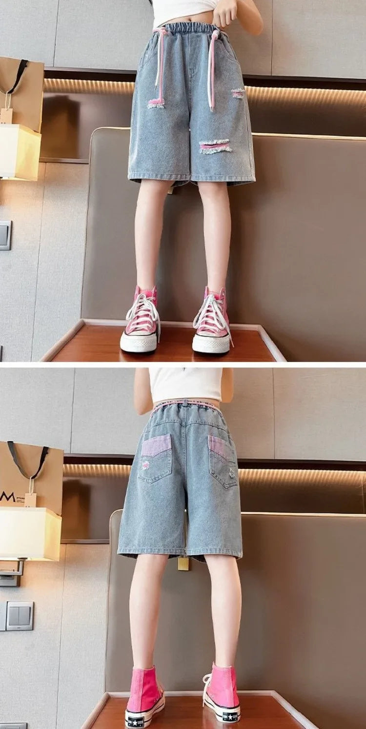 Kids' Lightweight Denim Shorts 2026 Summer Trendy Casual Outdoor Shorts for Girls Breathable Stretchy Streetwear Jeans