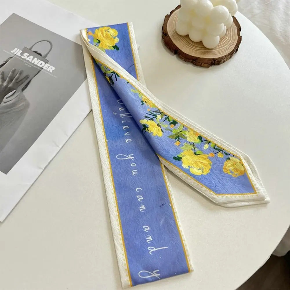 Summer Versatile Satin Silk Ribbon Scarf Fresh Floral Narrow Hair Tie Long Thin Fashion Accessory for Women Bag Strap