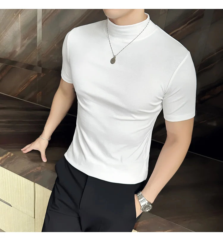 Spring Summer Men's Half High Neck Short Sleeve T-shirt Korean Slim Fit Solid Color Bottom Shirt Casual Cotton Elastic T-shirts