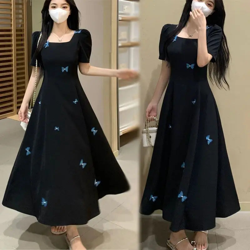 Square-neck Elegant Little Black Dress for Women New Summer French Versatile Style