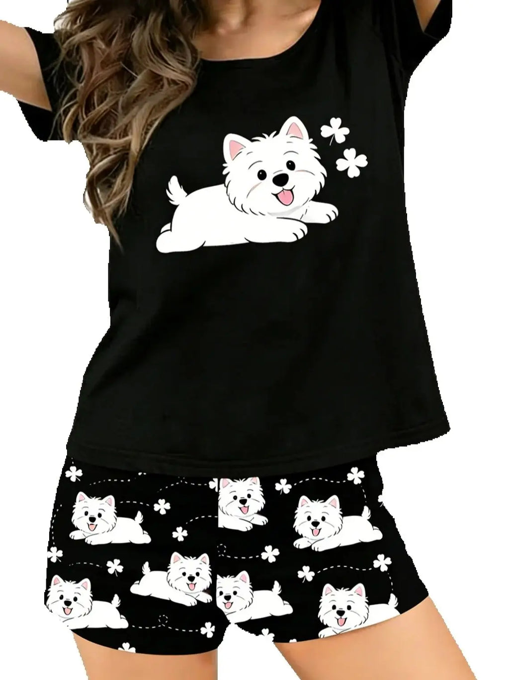 Women's black dog print short-sleeved pajamas set