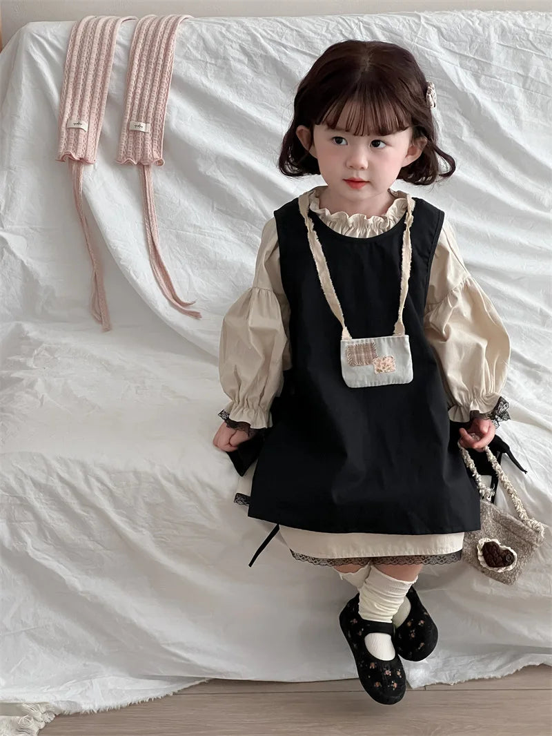 4768 Children Dress Set Spring Autumn New Retro Girl's Dress Lace Skirt 2-piece Set