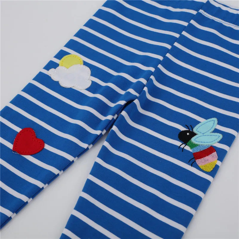 Jumping Meters New Baby Leggings Pants Blue Stripe Bee Flowers Embroidery Fashion Girls Skinny Pants Hot Selling Leggings Girl