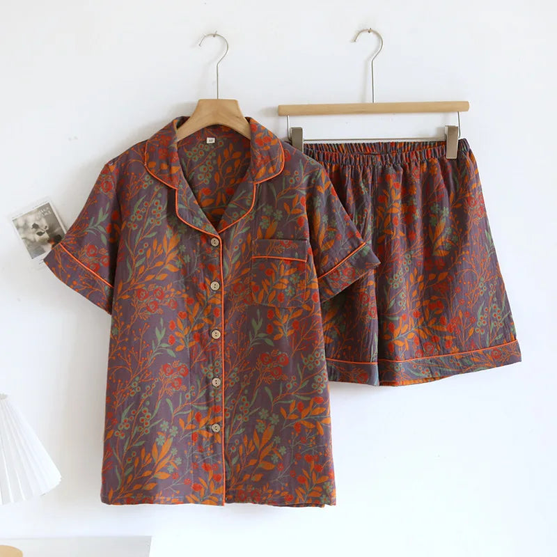 Women's Short Sleeved Shorts Newest Cotton Jacquard Yarn Woven Floral Printed Cardigan Summer Home Pijama Clothes