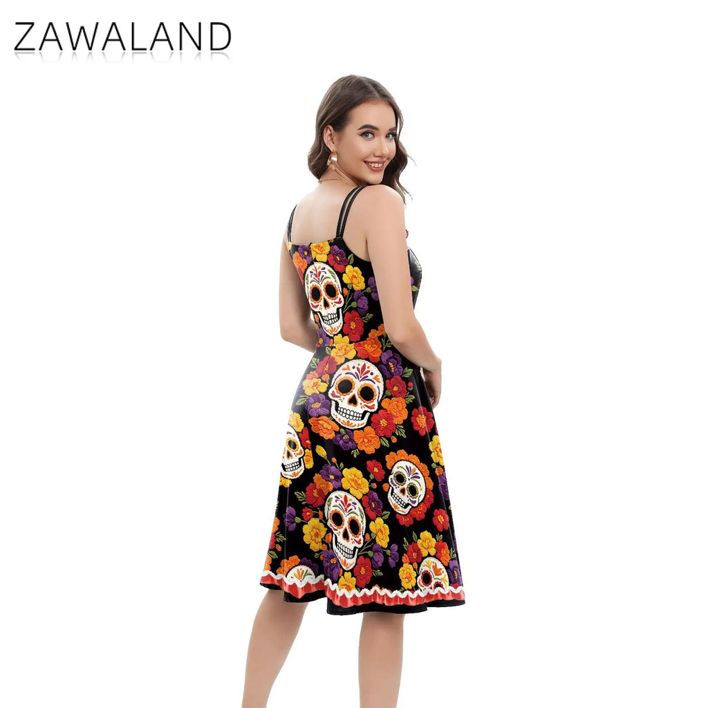 Halloween Dia De Los Muertos Floral Skull Dress Sugar Skull Print Dresses Mexican Festival Bar Night Group Cosplay Dress Up