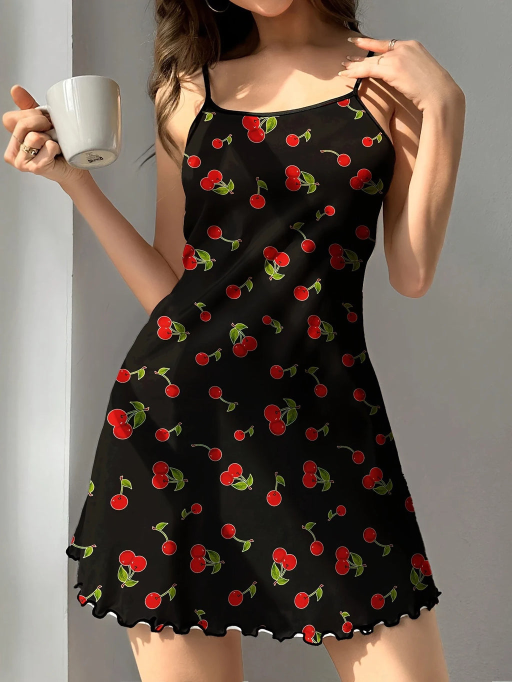 Women's Sleepdress Satin Floral Print Nightdress Sexy Sleeveless Ruffled Hem Sleepwear Spaghetti Strap Comfortable Pajama Dress