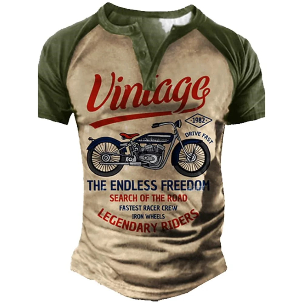 Vintage Henley Shirts Motorcycle 3D Printed Men's Fashion Streetwear Oversized Short Sleeve T-Shirts Men Tees Tops Clothing