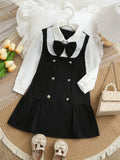 Autumn And Winter Girls' School Style Dress Black And White Contrasting Color Shirt Collar Three-Dimensional Bow Party Dress