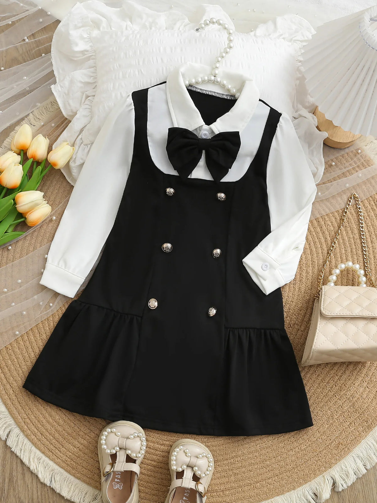Autumn And Winter Girls' School Style Dress Black And White Contrasting Color Shirt Collar Three-Dimensional Bow Party Dress