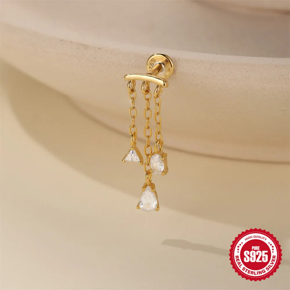 CANNER 1PC Tassel Chain Star Moon 925 Sterling Silver Flat Head Piercing Earring For Woman Ins 14K Gold Plated Dainty Jewelry