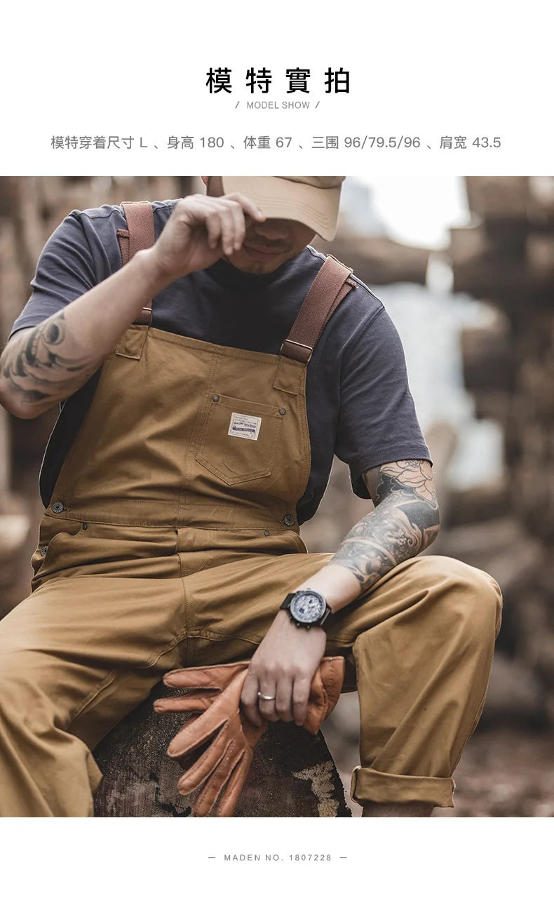 Japanese Vintage Khaki Suspenders Bibs Spring Autumn Canvas Cargo Pants Streetwear Men Rompers Full Length Trousers Jumpsuits