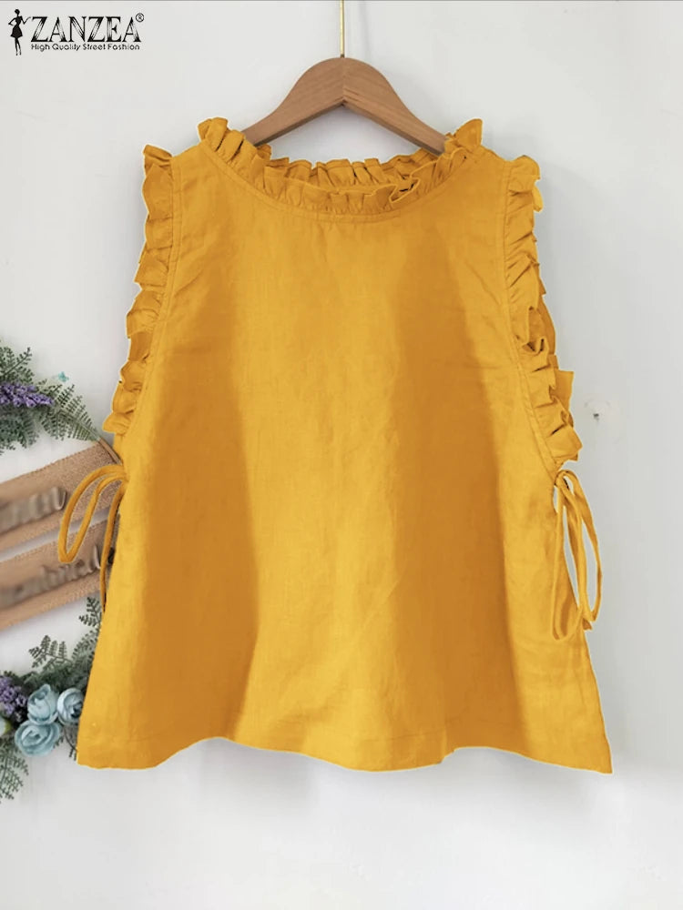 ZANZEA Women Tank Tops 2025 Summer Bandage Casual Loose Tees Sexy Sleeveless Solid Color Shirts Round Neck Ruffled Blusas Tops