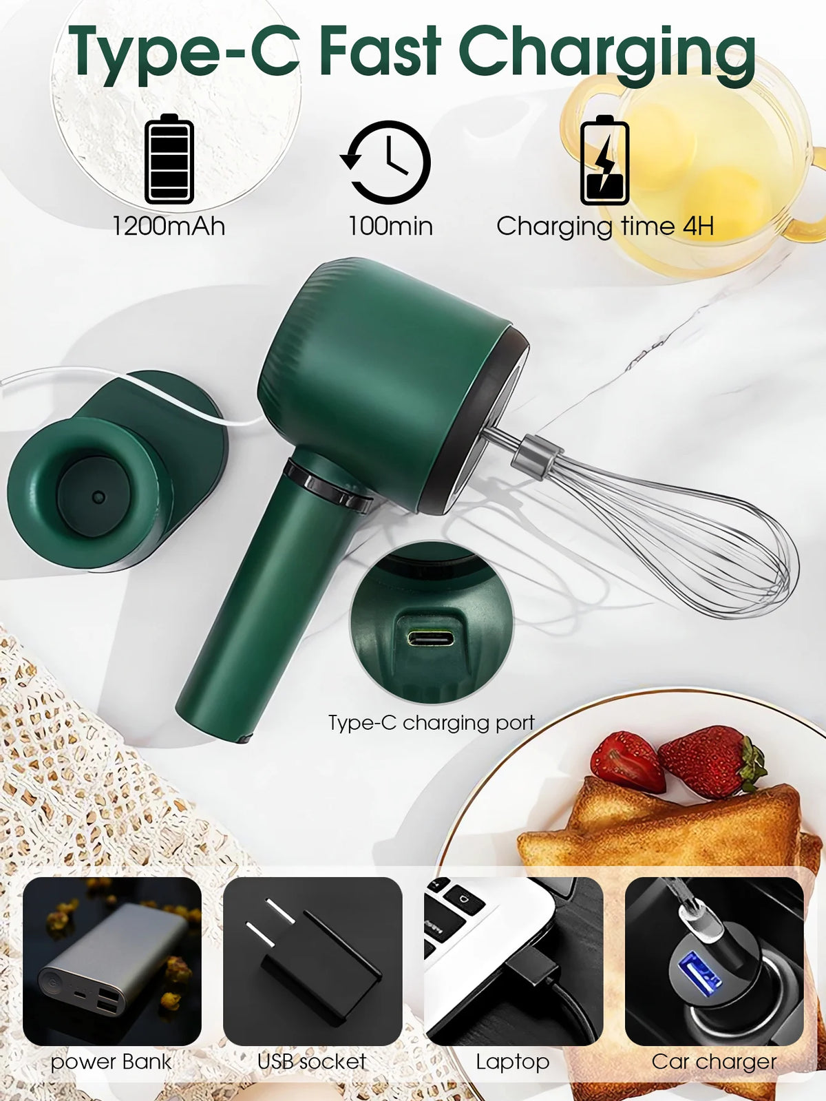 Electric Whisk Twin Stick Model Electric Milk Froth USB Rechargeable 1200mAh 3 Speed Electric Mixer Cake Baking Kitchen Tools