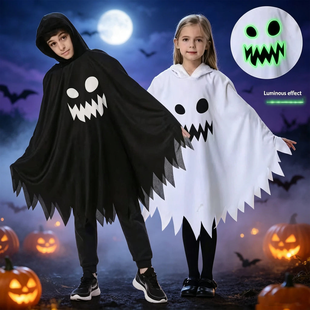 Halloween Costume Ghost Hooded Cape Luminous Glow Face Cloak Black White Ghost Costume For Trick Or Treat Carnival Party Cosplay