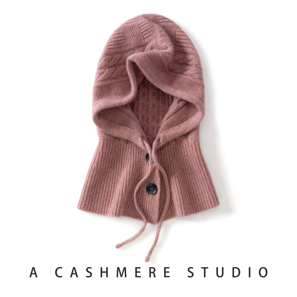 100%Quality Cashmere Balaclava Hoods For Women Warm Ring Scarf Beanie Hat Windproof Hooded Button-up Neck Collar Knitted Hat