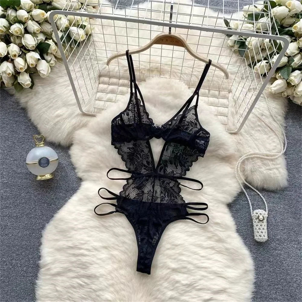 Sexy Cute Sweet Lace Backless Jumpsuit Women Slim Fit Bodysuit Girl Strap Bow knot Cosplay Hot Sweet Bow Ribbon Lingerie Dress
