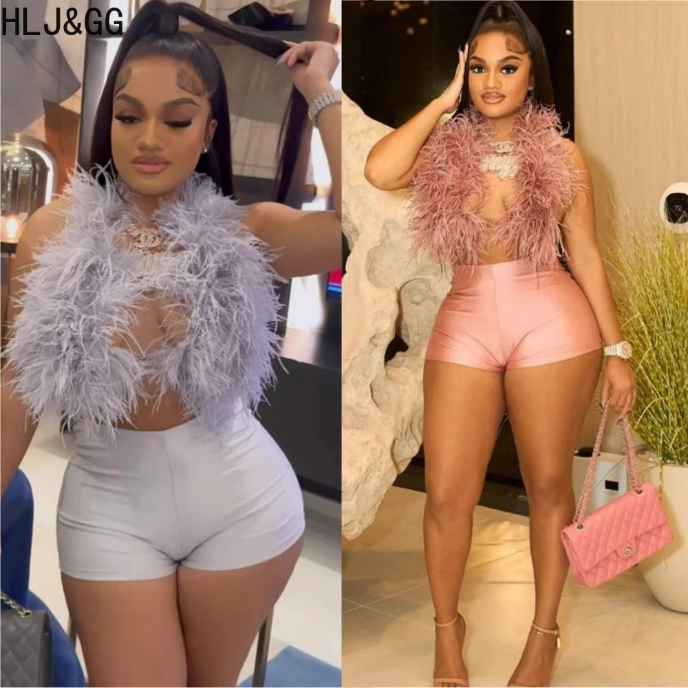 HLJ&GG Fashion Y2K Fur Hollow Out Streetwear Women Sleeveless Slim Crop Top And Shorts Outfits Female Trend 2pcs Outfits 2025