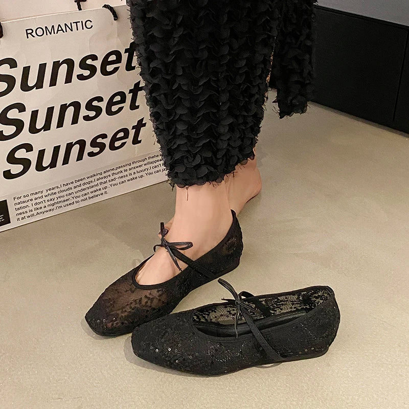 Mesh lace inner heightening women's shoes 2025 summer new sexy square head shallow breathable ballet shoes bow flat shoes