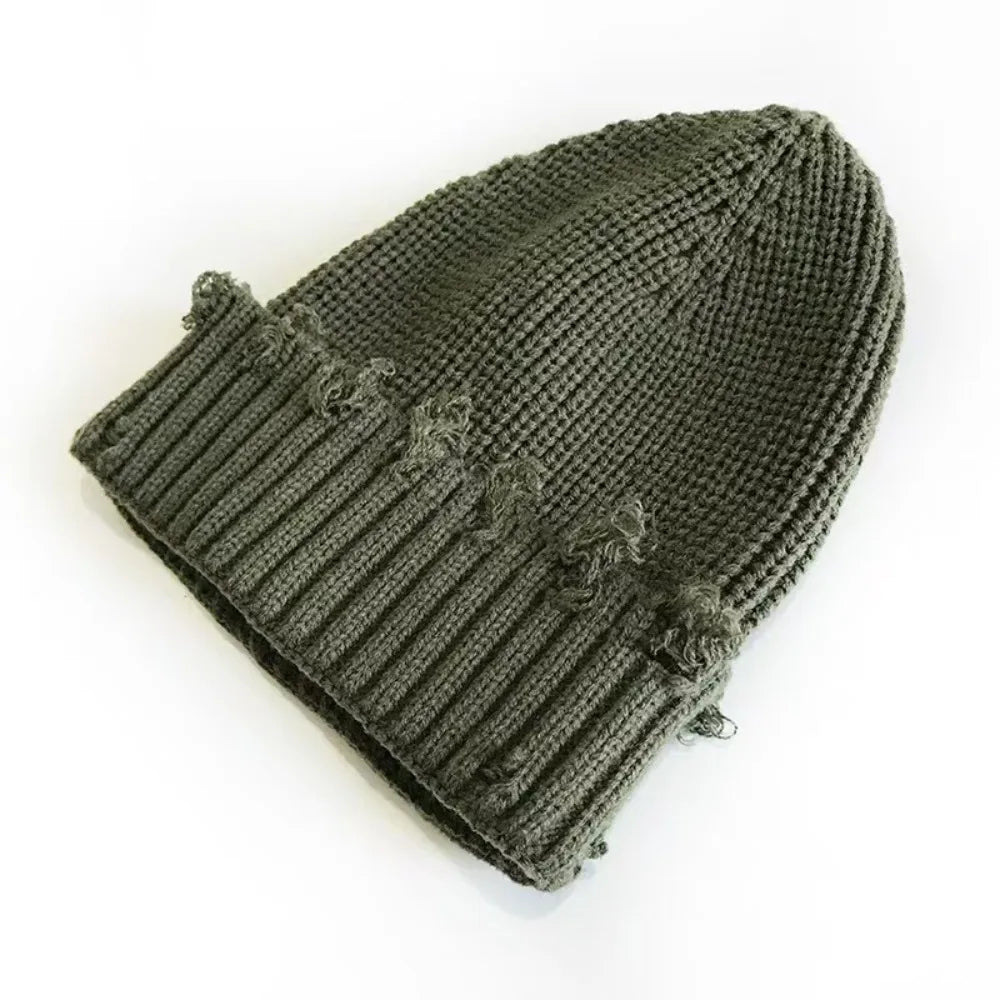 Solid Color Dilapidated Hole Knitted Hat Thickened Ear Protection Warm Cap Beanie Cap Hip-Hop Hat Unisex Pompoms Hat