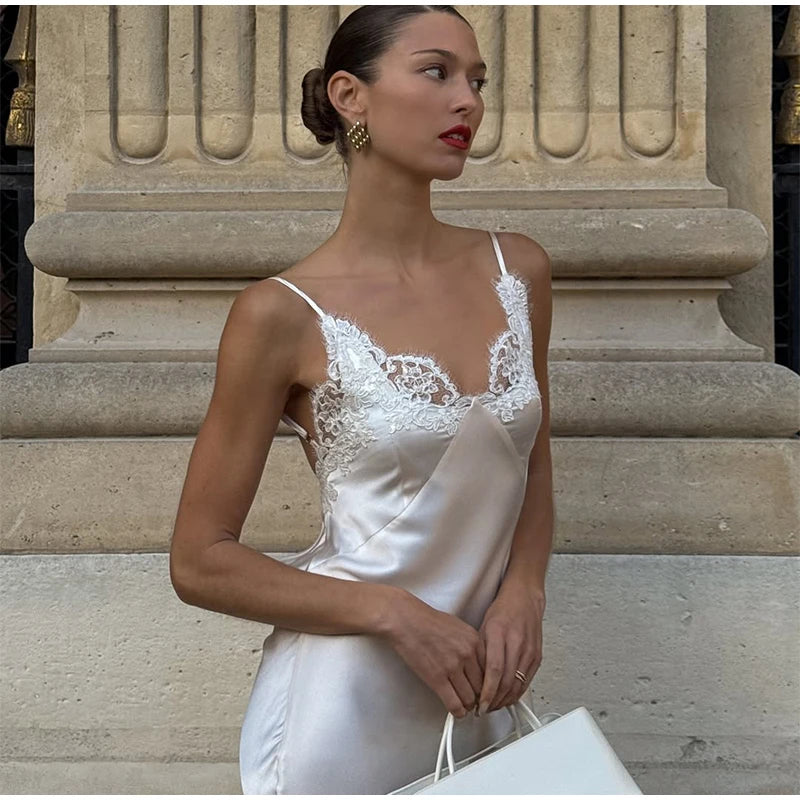 Chic Lace Patchwork Sling Maxi Dress Women Sexy V-neck Sleeveless Backless Satin Slim Long Gown Lady Evening Party Dresses 2026