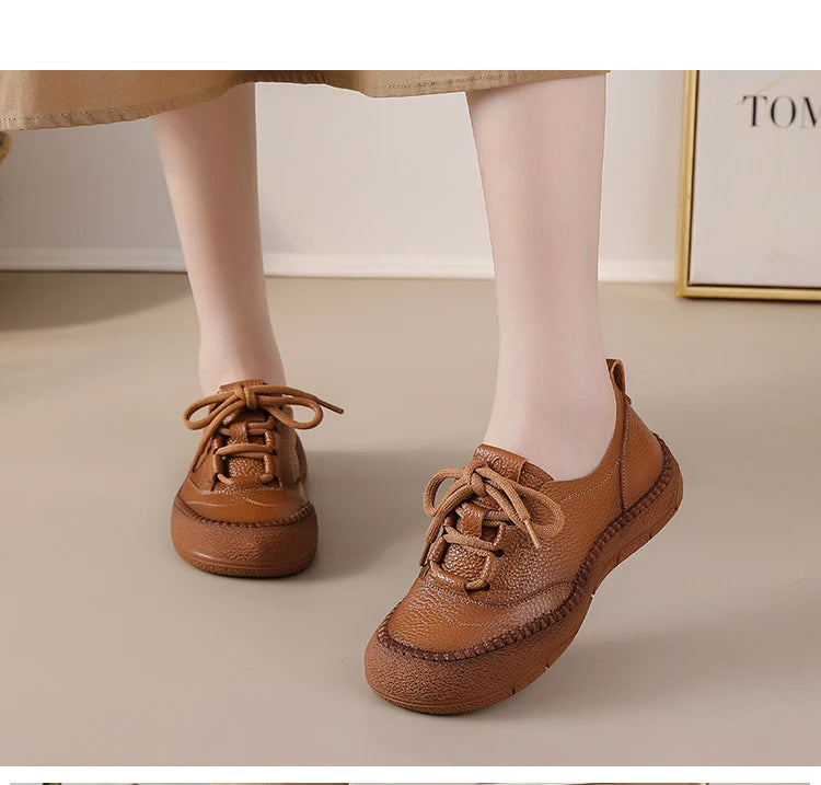 Neue handgemachte Damenschuhe aus echtem Leder, Ganzjahresschuhe, Oxfords, flache Damenschnürschuhe, gemütliche Mokassins, runde Ballerinas