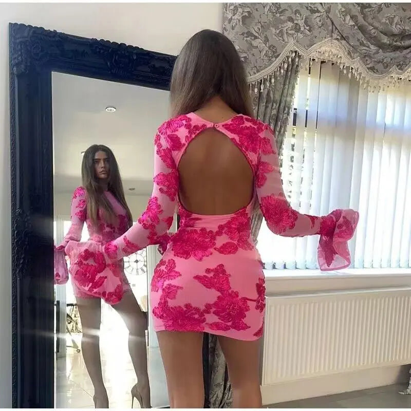 GACVGA Mesh Flare Sleeve Elegant Mini Dress For Women 3D Flower Slim Backless Sexy Bodycon Party Club Dress