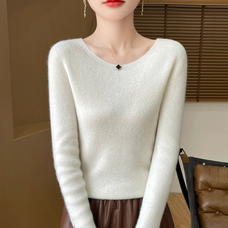 Early Fall New Crew-Neck Sweater Elegant High Elastic Simple Solid Color Thin Knit Crew-Neck Sweater Long Sleeve-GH458