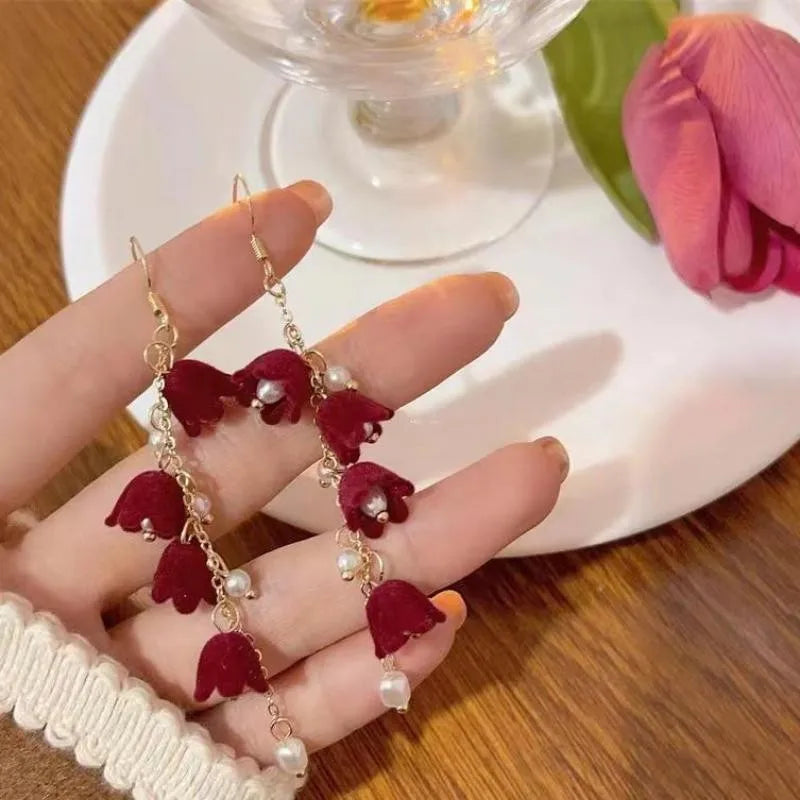 Vintage Wine Red Flocking Flower Drop Earrings For Women Jewelry 2026 Trending Long Bowknot Crystal Pearl Bridal Dress Earrings