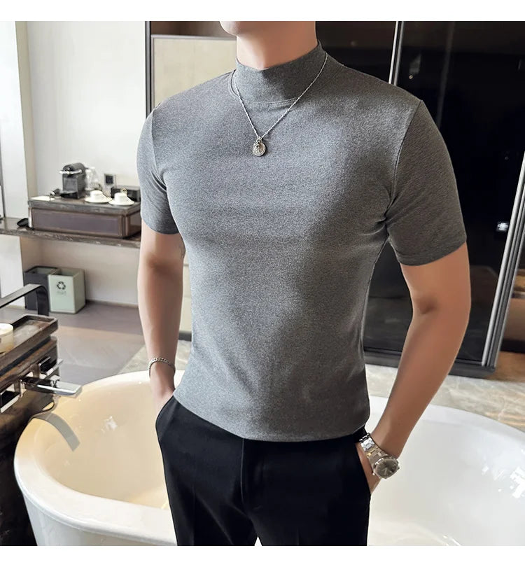 Spring Summer Men's Half High Neck Short Sleeve T-shirt Korean Slim Fit Solid Color Bottom Shirt Casual Cotton Elastic T-shirts