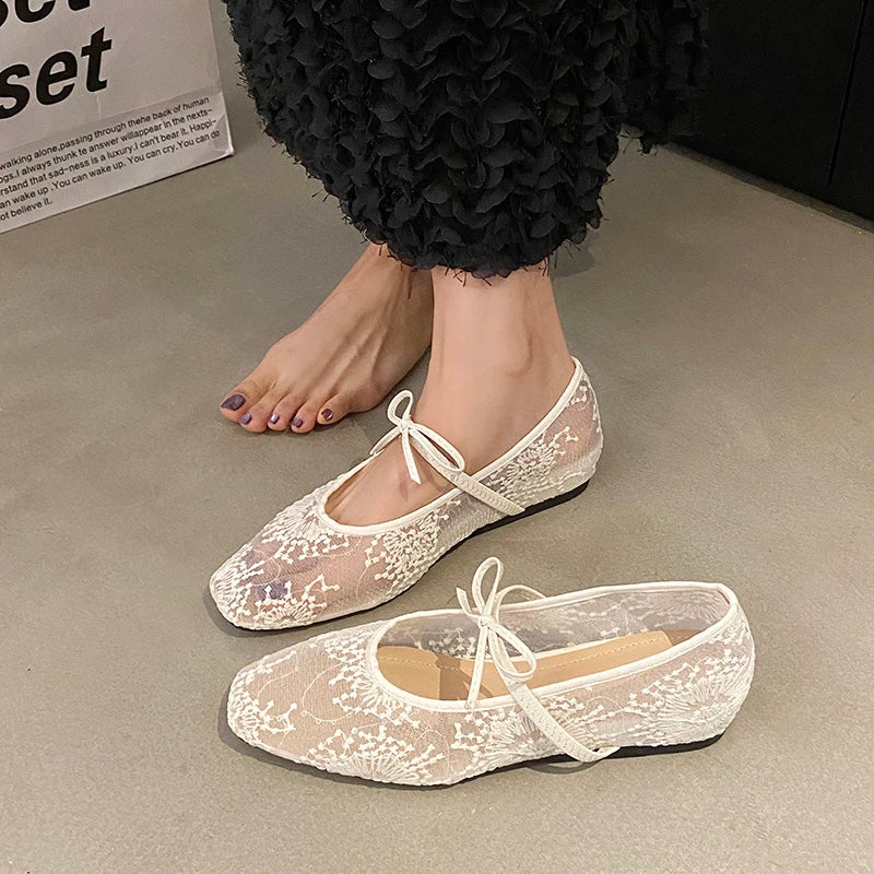 Mesh lace inner heightening women's shoes 2025 summer new sexy square head shallow breathable ballet shoes bow flat shoes